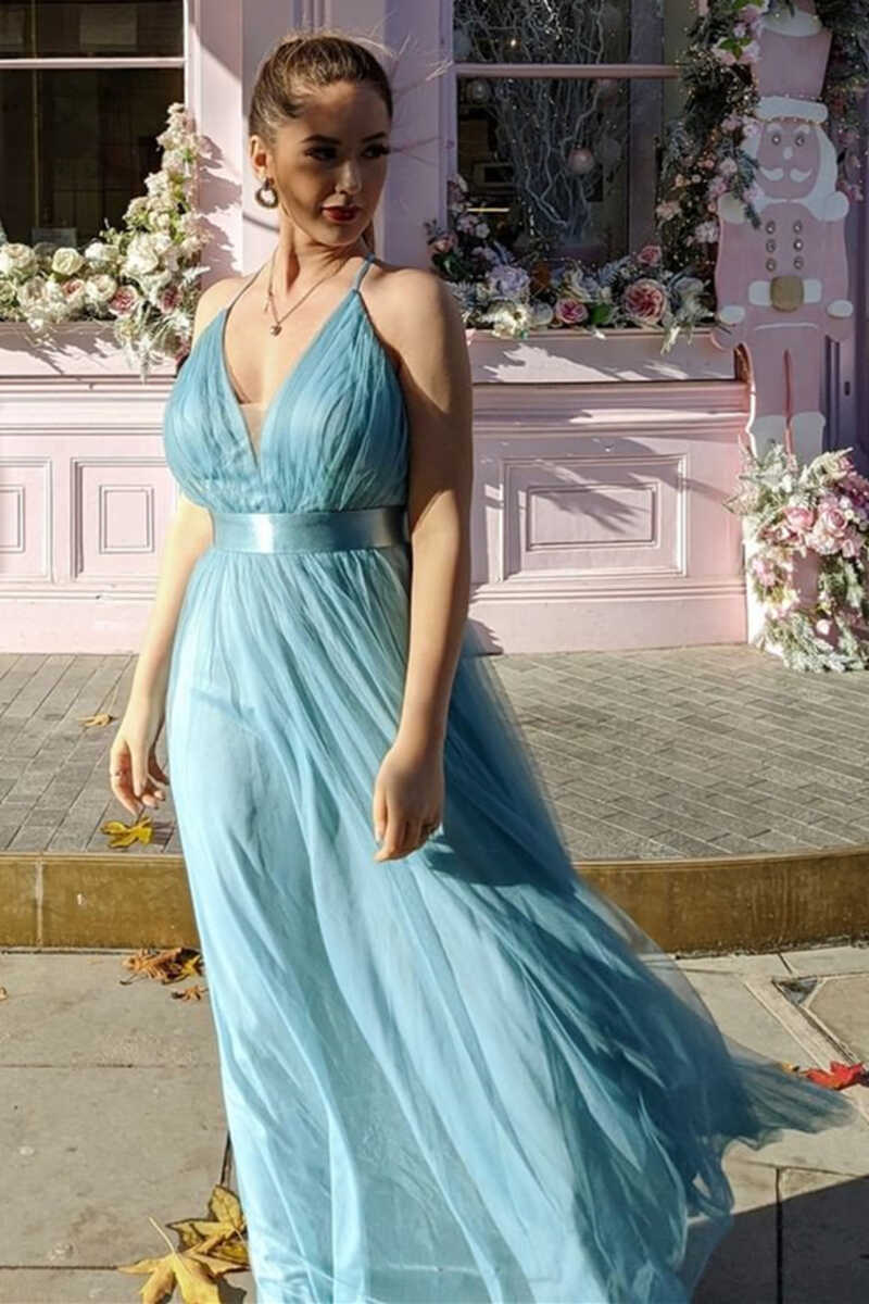 Slate Blue Tulle V-Neck Backless Bridesmaid Dress Modsele Slate Blue Tulle V-Neck Backless Bridesmaid Dress Modsele