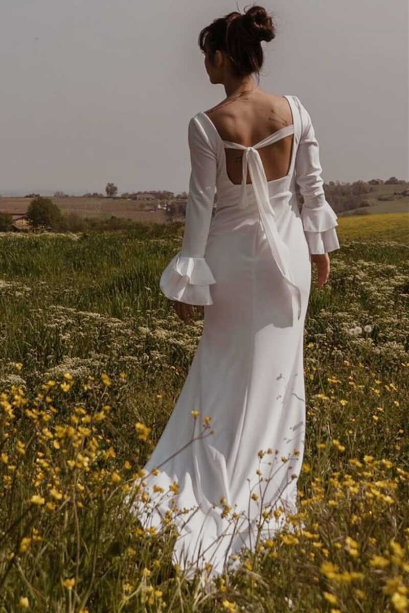White Square Neck Long Sleeve Long Wedding Dress with Slit Modsele White Square Neck Long Sleeve Long Wedding Dress with Slit Modsele
