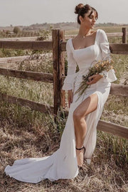 White Square Neck Long Sleeve Long Wedding Dress with Slit