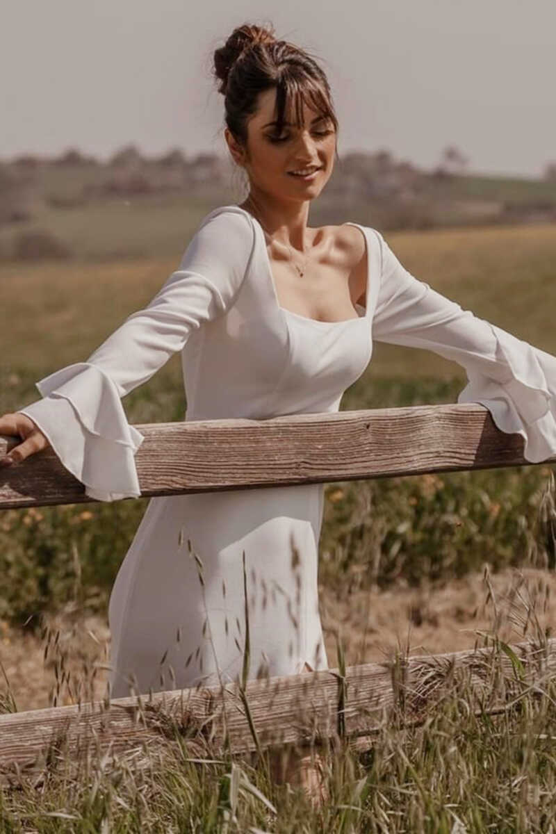 White Square Neck Long Sleeve Long Wedding Dress with Slit Modsele White Square Neck Long Sleeve Long Wedding Dress with Slit Modsele