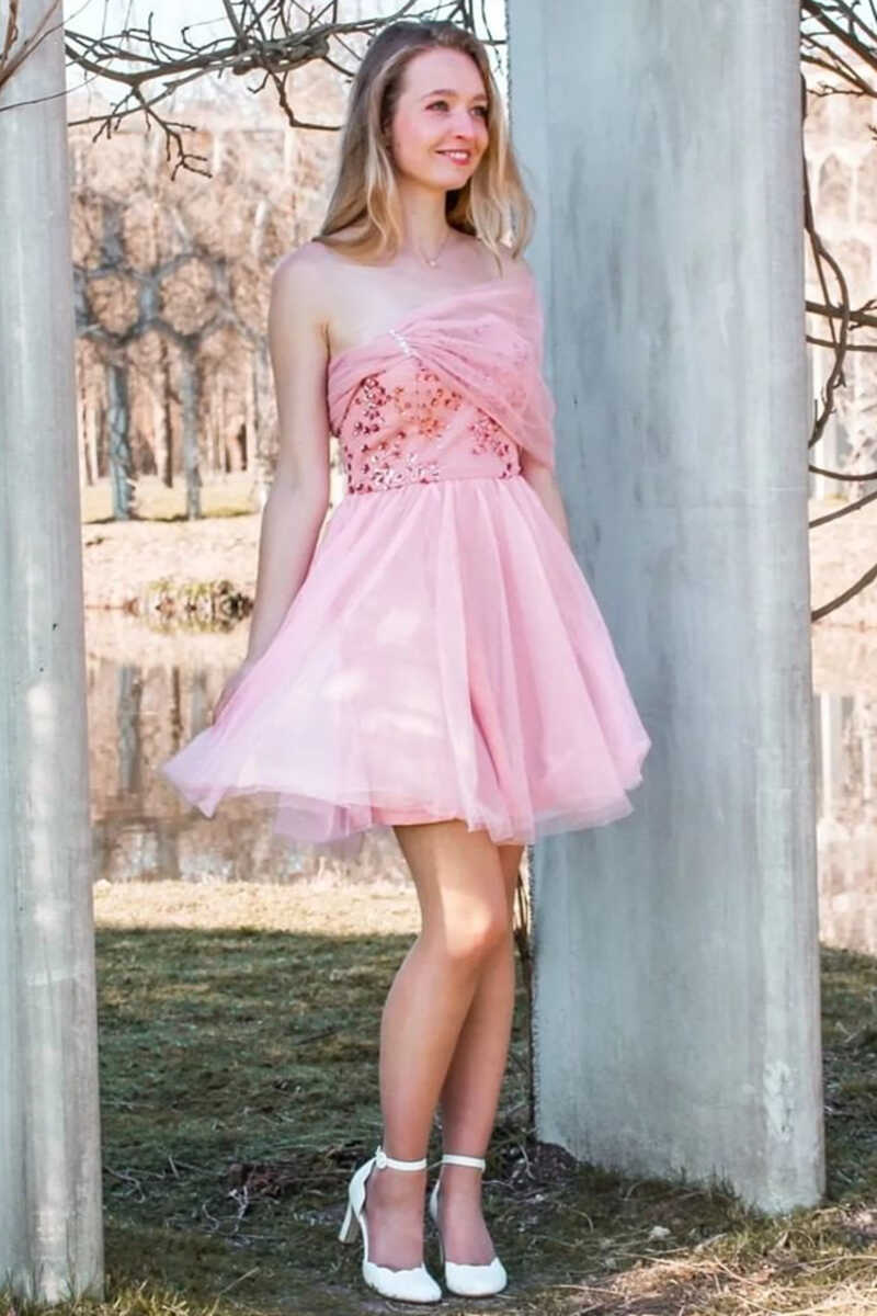 Shining Pink Sequined Strapless Short Homecoming Dress