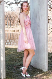 Shining Pink Sequined Strapless Short Homecoming Dress