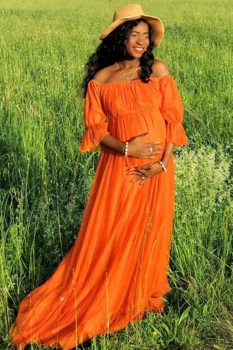 Orange Off-the-Shoulder Long Maternity Bridesmaid Dress