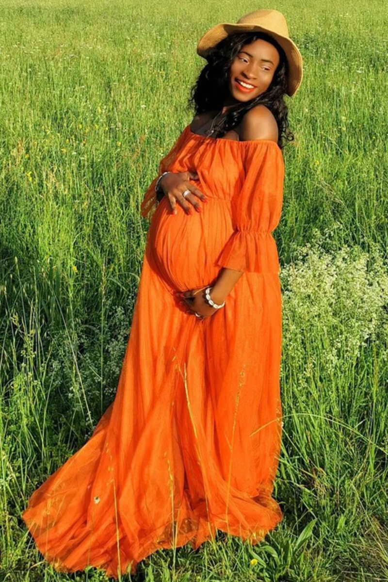 Orange Off-the-Shoulder Long Maternity Bridesmaid Dress