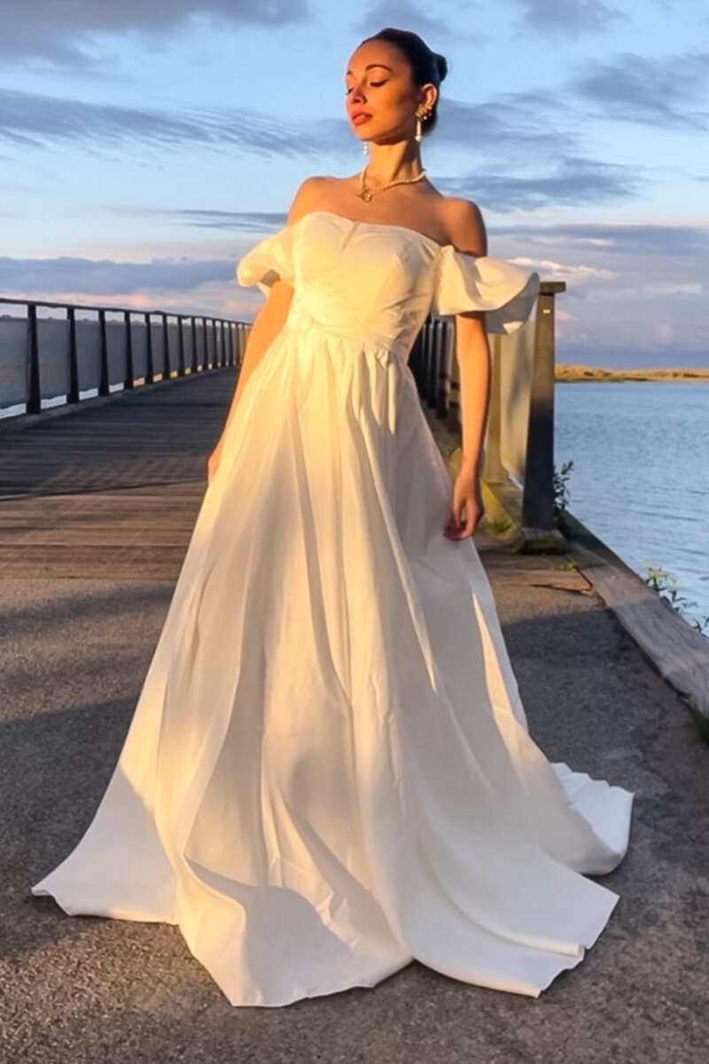 White Off-the-Shoulder Ruffled Sleeve A-Line Long Wedding Dress