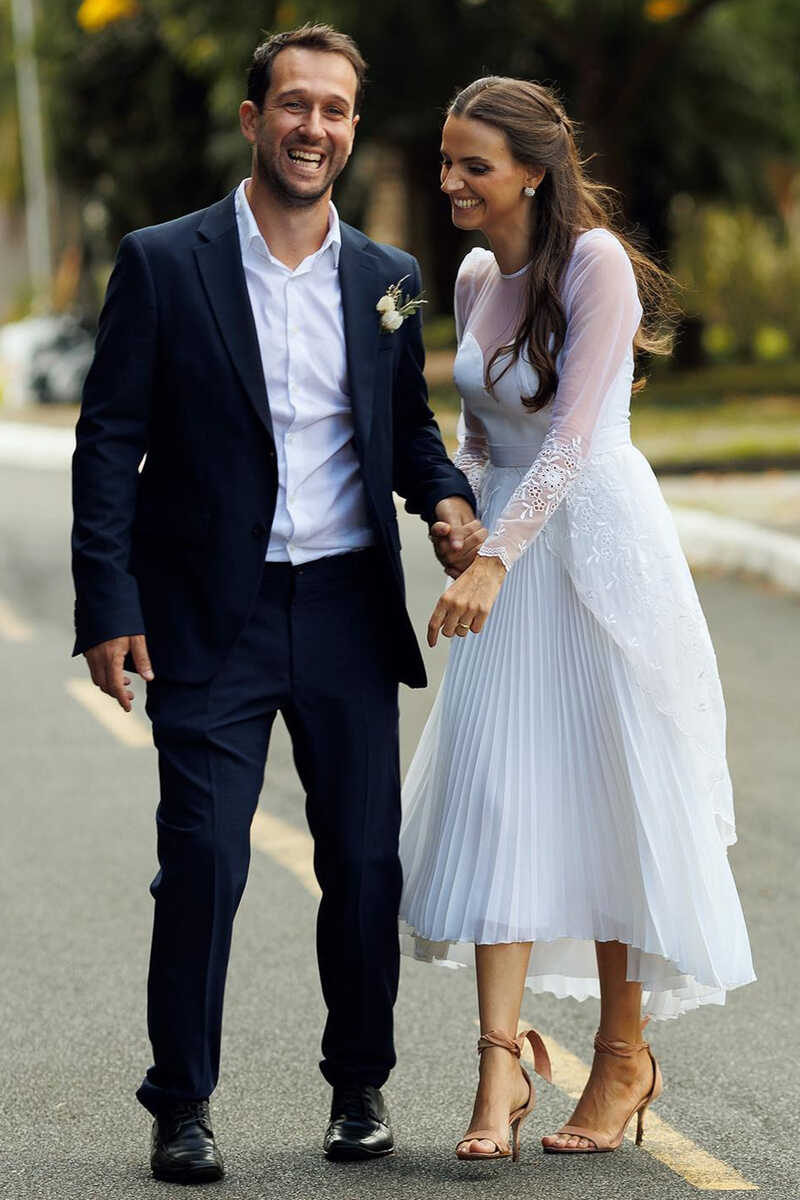 White Sweetheart Sheer Sleeve Tea-length Wedding Dress