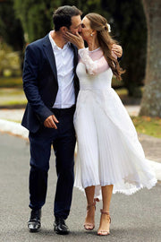 White Sweetheart Sheer Sleeve Tea-length Wedding Dress