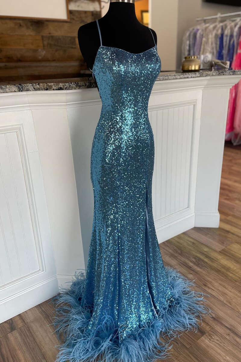 Ice Blue Sequins Lace-Up Feathered Long Prom Gown with Slit