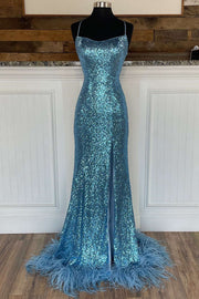 Ice Blue Sequins Lace-Up Feathered Long Prom Gown with Slit
