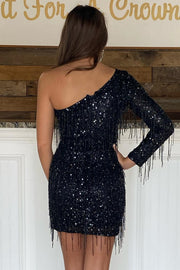 Black Sequin One-Sleeve Fringe Cocktail Gown