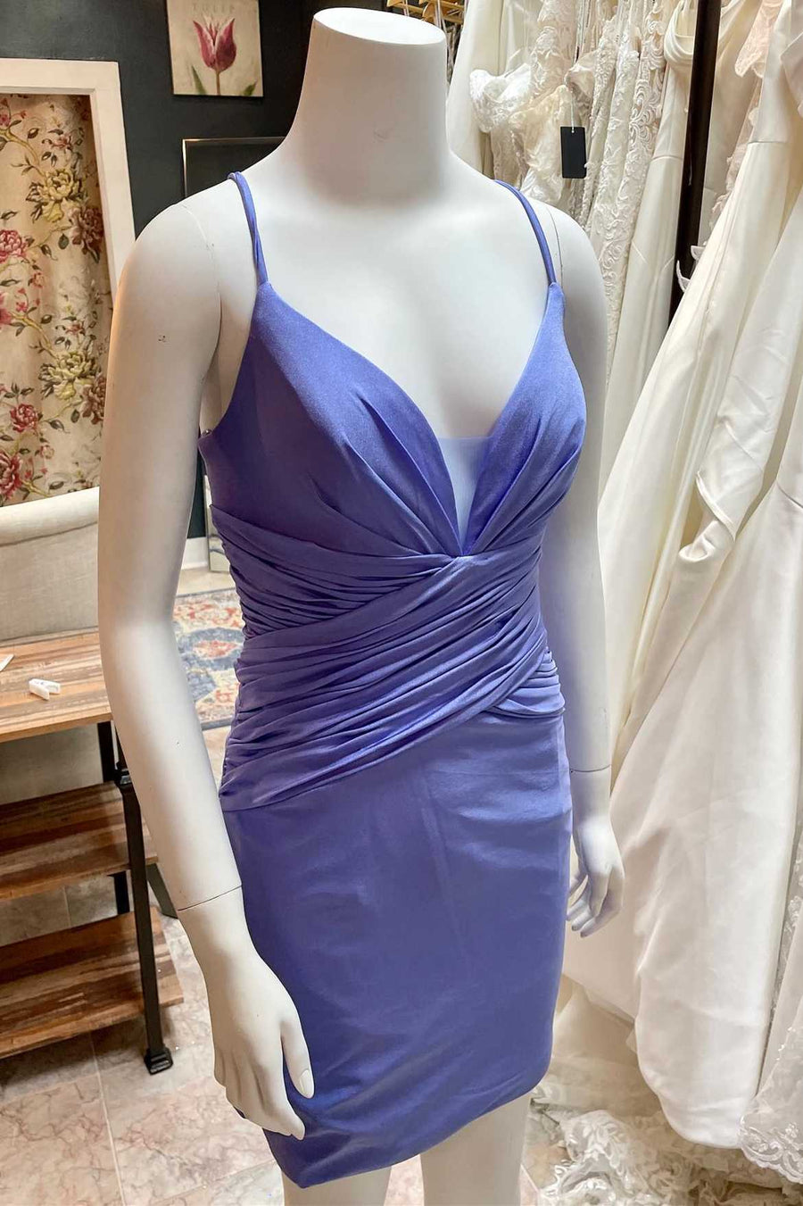 Periwinkle V-Neck Ruched Short Cocktail Gown
