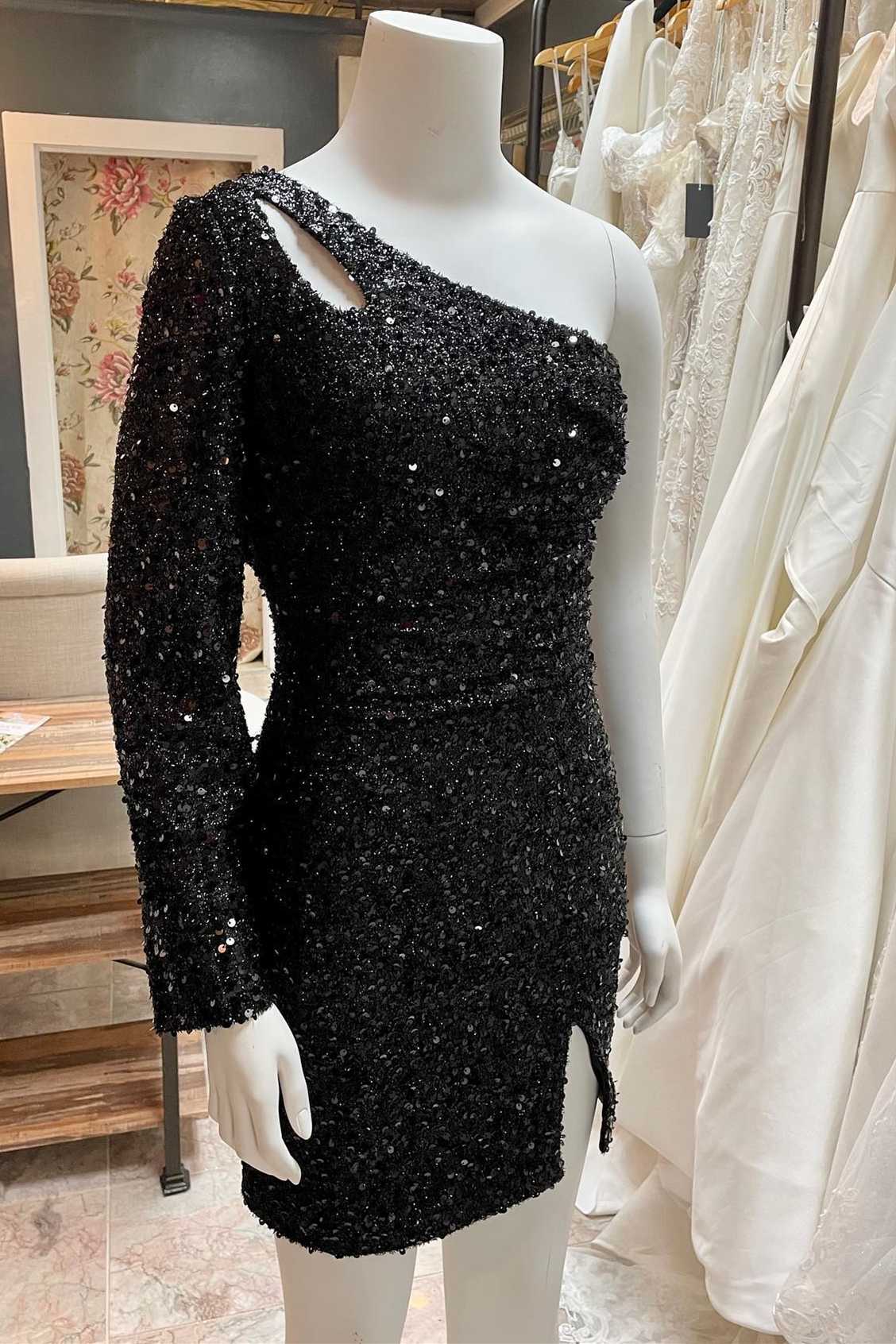 Black Sequin One-Sleeve Keyhole Short Party Dress