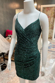 Dark Green Sequin Spaghetti Straps Ruched Cocktail Dress