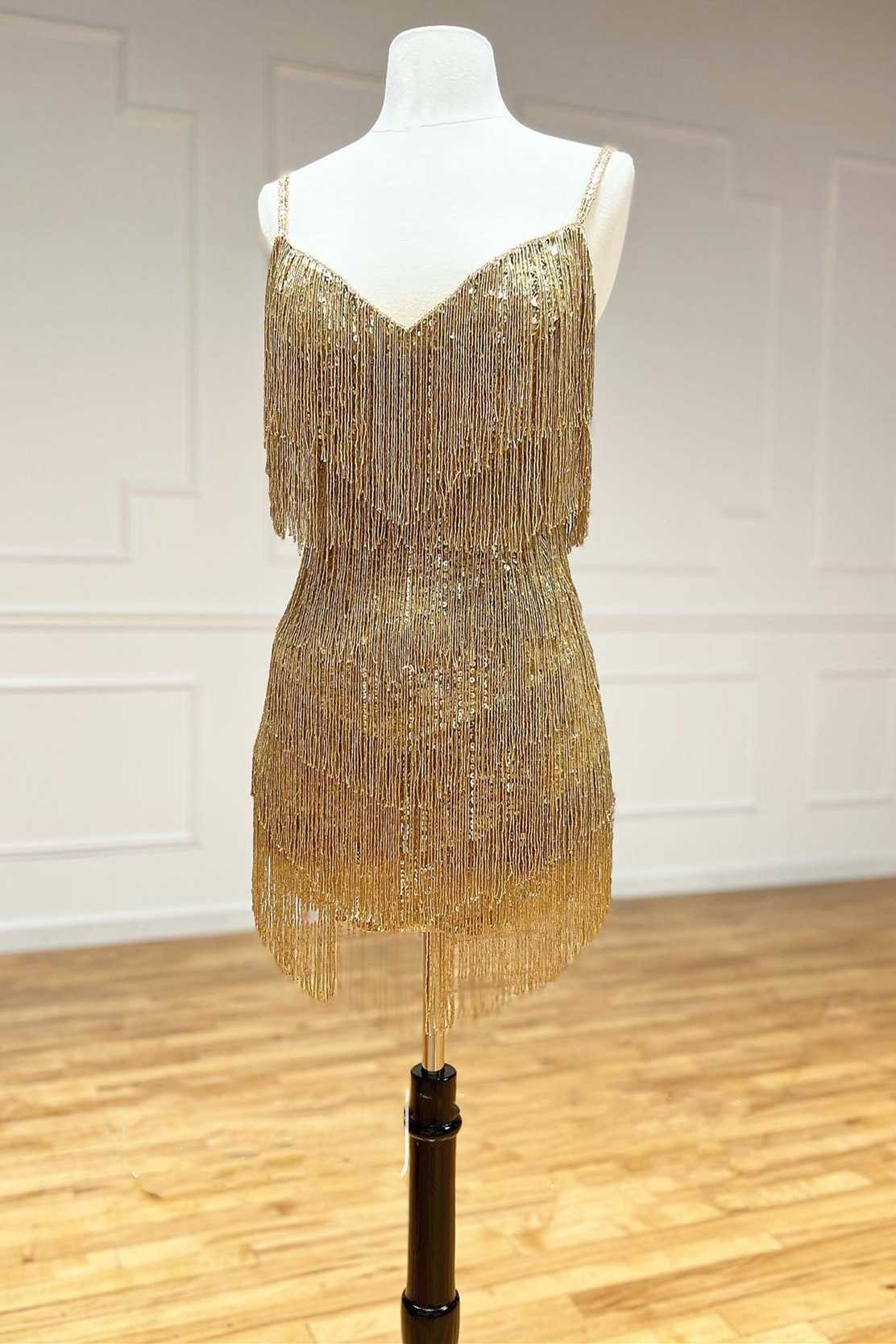 Gold V-Neck Blouson-Style Fringed Homecoming Dress Modsele Gold V-Neck Blouson-Style Fringed Homecoming Dress Modsele