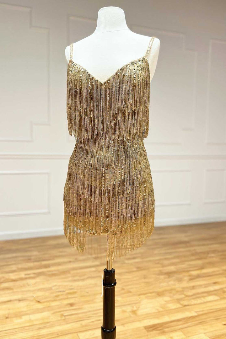 Gold V-Neck Blouson-Style Fringed Homecoming Dress