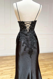 Black Appliques V-Neck Lace-Up Prom Gown with Slit