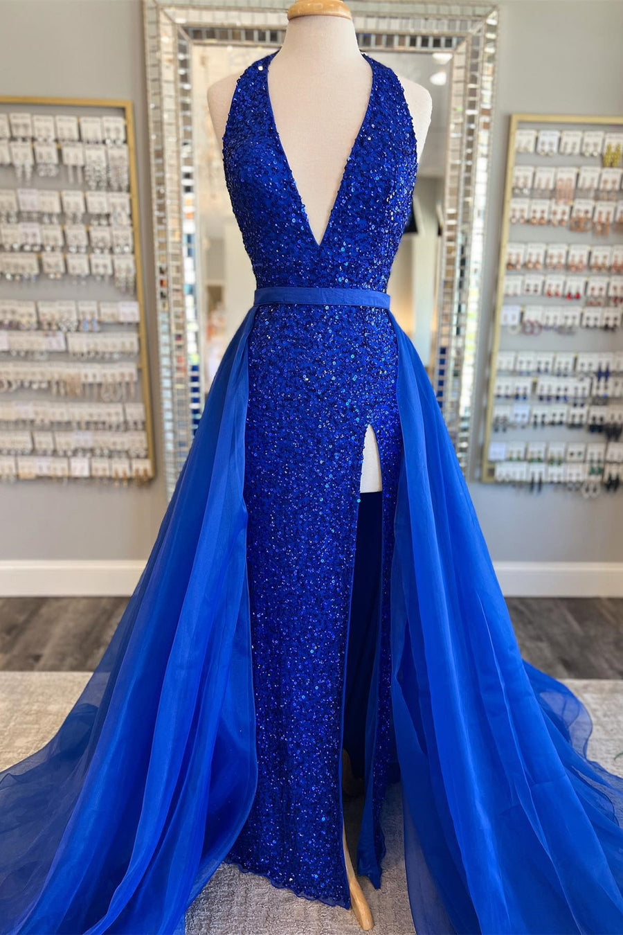 Blue Sequin Halter Long Prom Dress with Attached Train