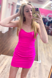 Hot Pink V-Neck Lace-Up Bodycon Mini Party Dress
