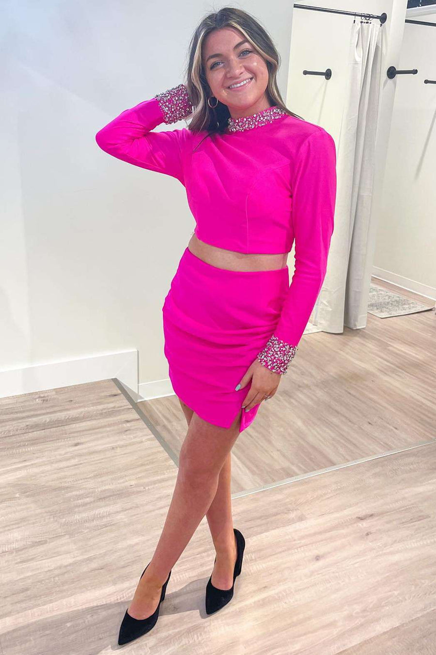Two-Piece Hot Pink Open Back Long Sleeve Cocktail Dress