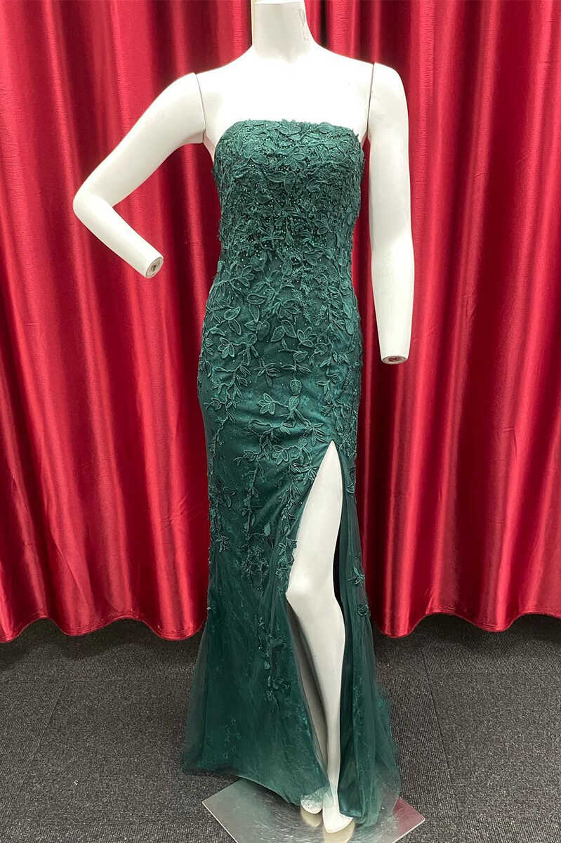 Dark Green Appliques Strapless Long Prom Gown with Slit