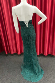 Dark Green Appliques Strapless Long Prom Gown with Slit