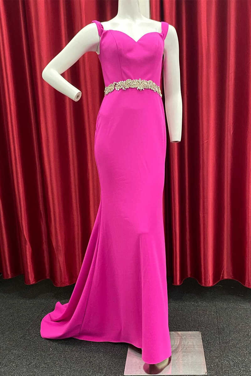 Neon Pink Sweetheart Belted Mermaid Long Formal Gown