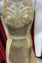 Gold Sequin Illusion Beading Long Formal Gown with Attached Train
