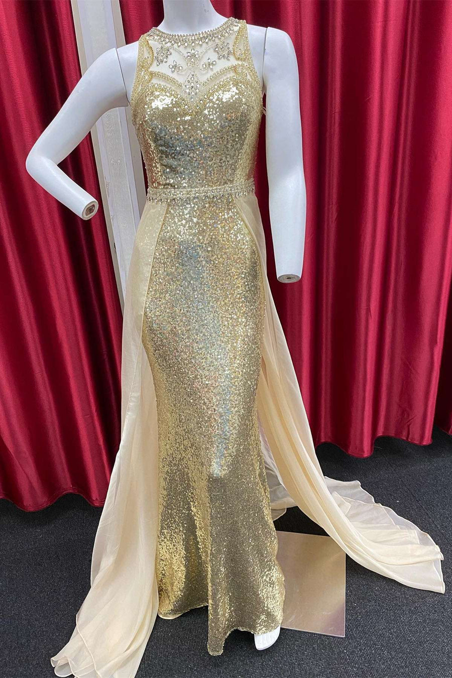 Gold Sequin Illusion Beading Long Formal Gown with Attached Train