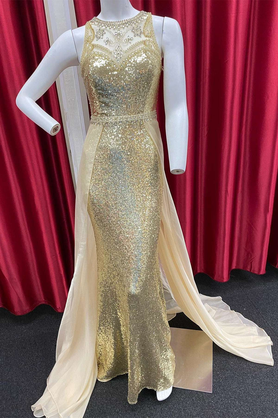 Gold Sequin Illusion Beading Long Formal Gown with Attached Train Modsele Gold Sequin Illusion Beading Long Formal Gown with Attached Train Modsele