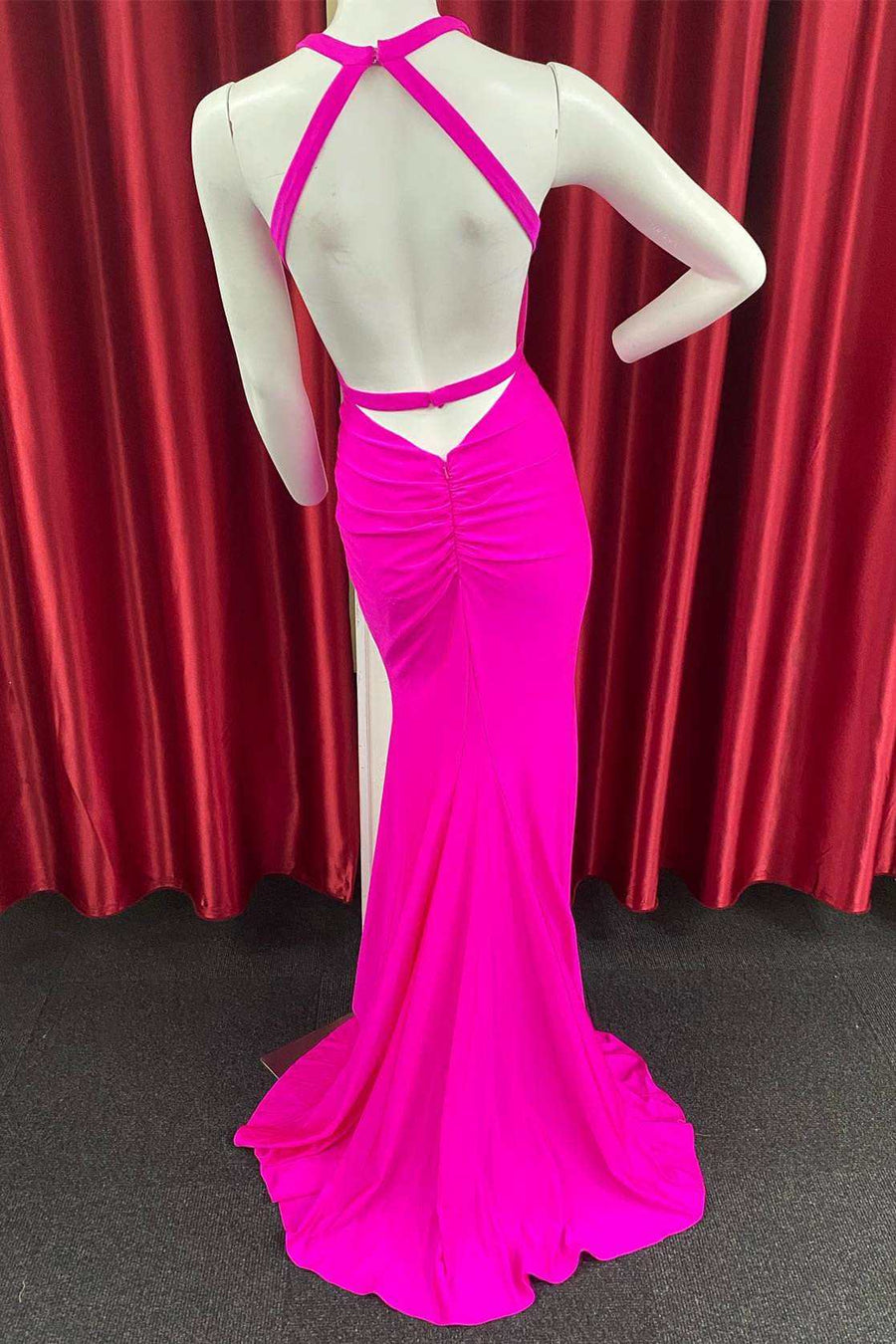 Neon Pink Halter Open Back Long Formal Gown