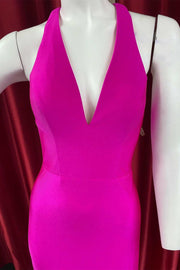 Neon Pink Halter Open Back Long Formal Gown