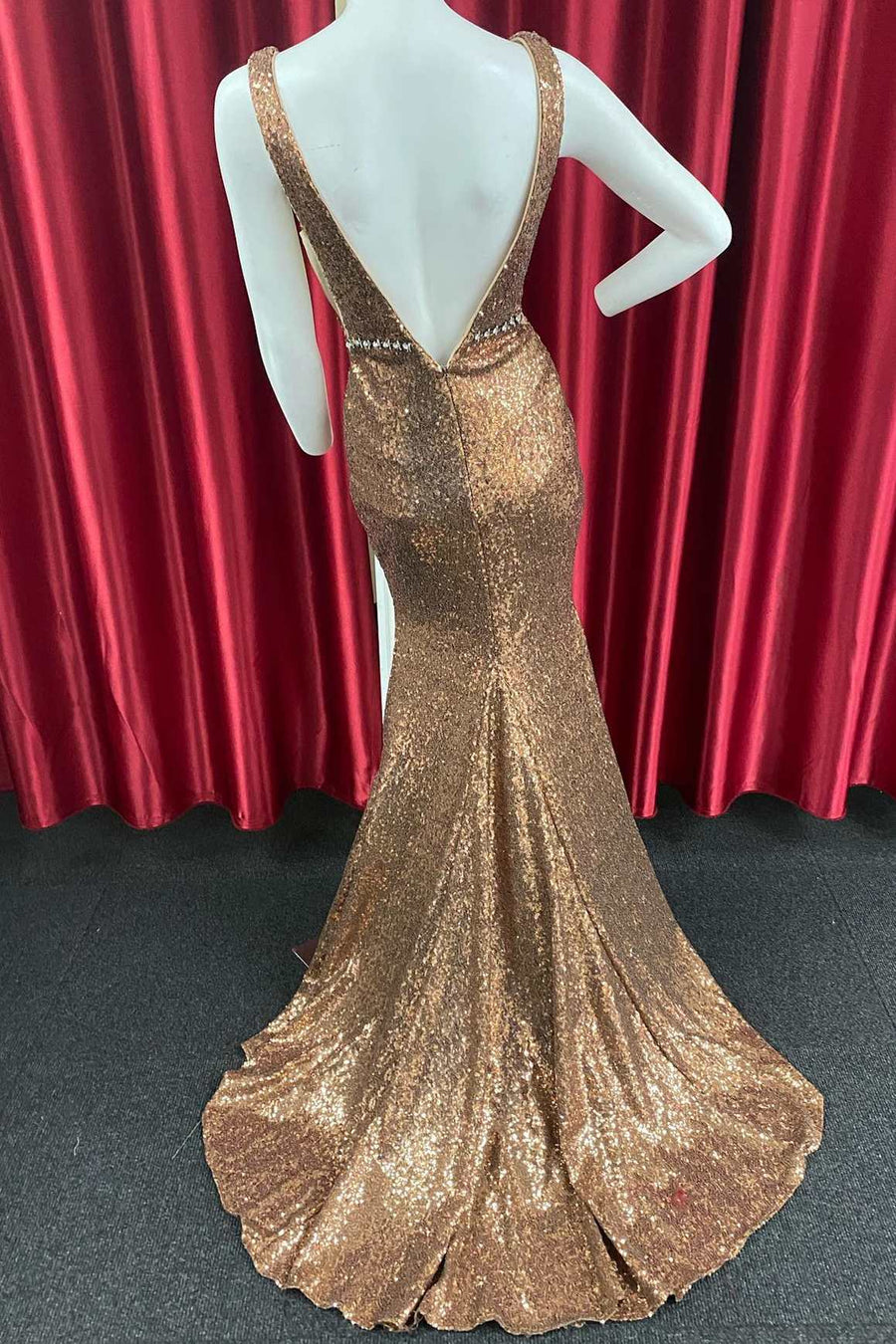 Bronze Sequin Plunge V Mermaid Long Formal Dress with Belt