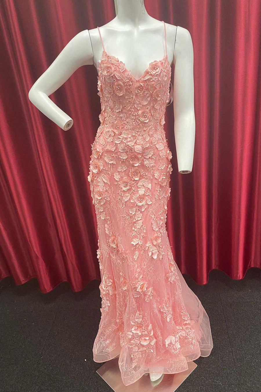 Pink Floral Appliques Straps Mermaid Long Prom Gown