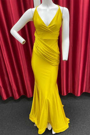 Mustard Yellow V-Neck Backless Mermaid Long Formal Gown