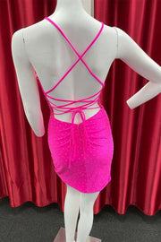 Neon Pink Beaded Lace-Up Short Party Dress
