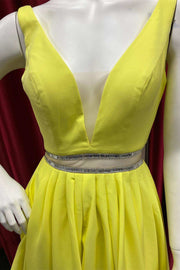 Yellow V-Neck Backless Belted A-Line Short Party Dress