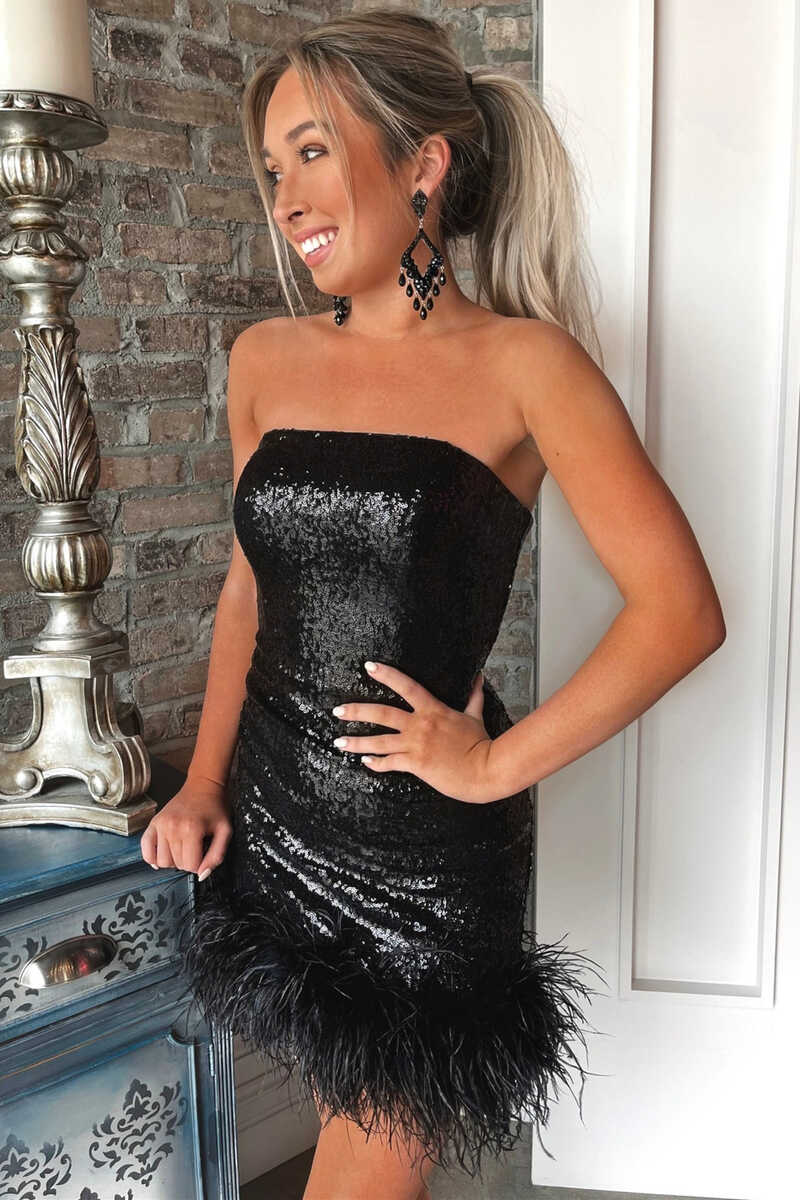 Black Sequin Strapless Feathered Short Party Dress