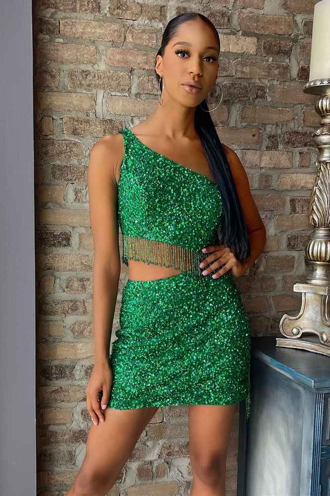 Two-Piece Green Sequin One-Shoulder Fringe Short Party Dress Modsele Two-Piece Green Sequin One-Shoulder Fringe Short Party Dress Modsele