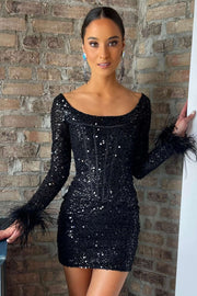 White Sequin Round-Neck Long Sleeve Feather Short Party Dress