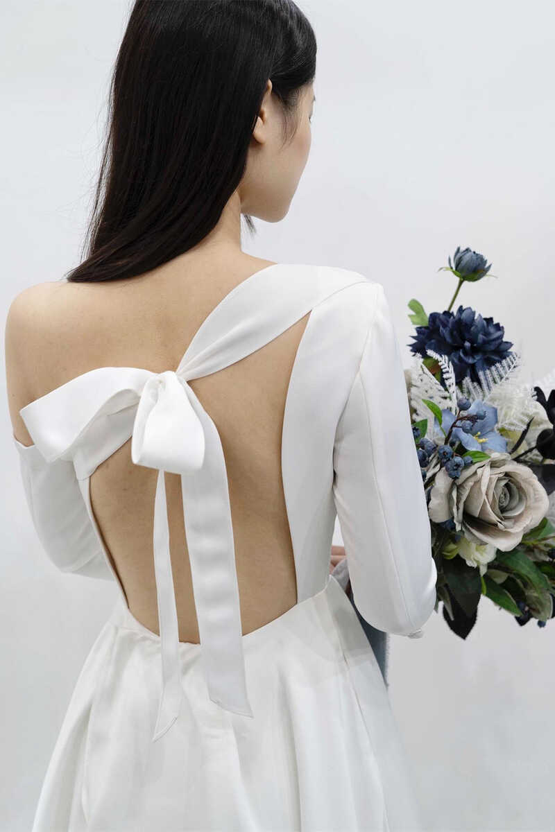 White Asymmetrical Backless Long Wedding Dress with Slit