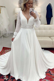 White Plunge V Long Sleeve A-Line Wedding Dress
