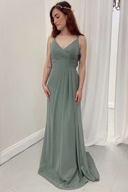 Dark Sage Green V-Neck A-Line Long Bridesmaid Dress