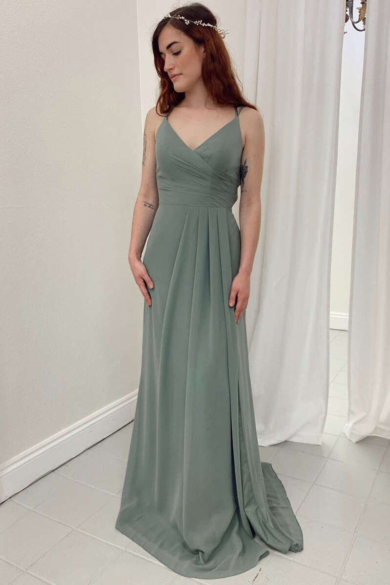Dark Sage Green V-Neck A-Line Long Bridesmaid Dress Modsele Dark Sage Green V-Neck A-Line Long Bridesmaid Dress Modsele