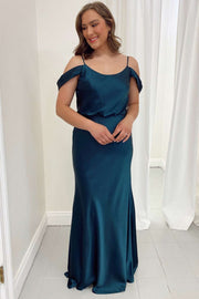 Teal Blue Satin Cold-Shoulder Long Bridesmaid Dress