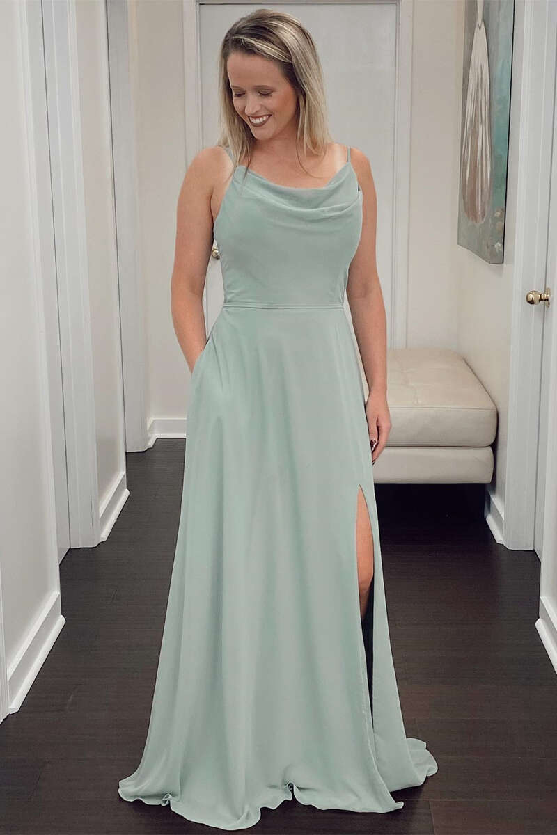 Sage Green Cowl Neck A-Line Long Bridesmaid Dress with Slit