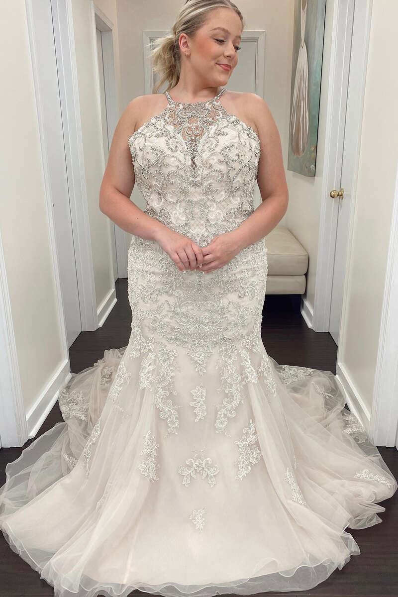 White Beaded Halter Trumpet Long Wedding Dress – Modsele