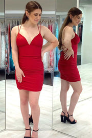 Red V-Neck Lace-Up Tight Mini Homecoming Dress