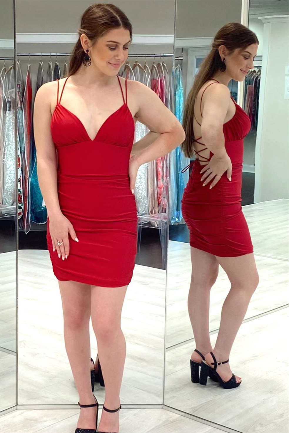 Red V-Neck Lace-Up Tight Mini Homecoming Dress – Modsele
