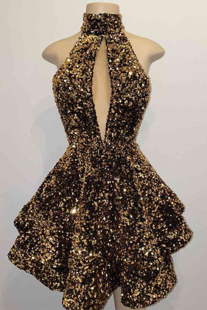 Sequin Keyhole Dress in Gold