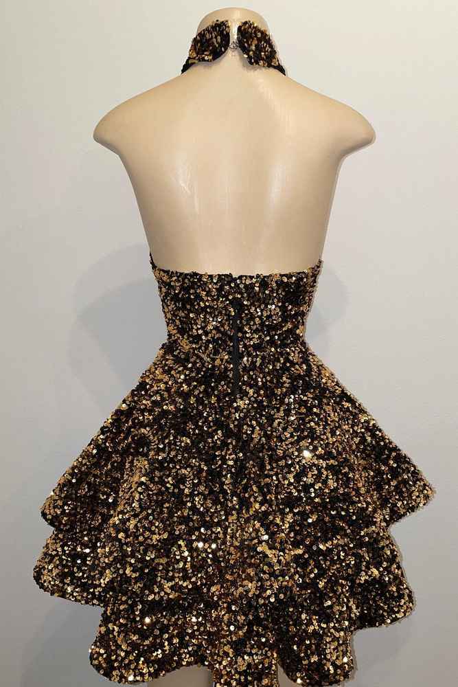 Gold Sequin Halter Keyhole A-Line Short Homecoming Dress Modsele Gold Sequin Halter Keyhole A-Line Short Homecoming Dress Modsele
